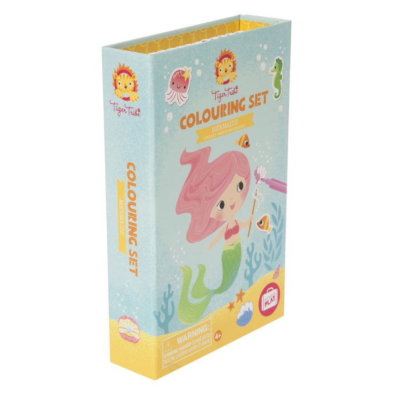 Colouring Set - Mermaids by Tiger Tribe includes 36 pages, 10 markers, and stickers for creative underwater fun.