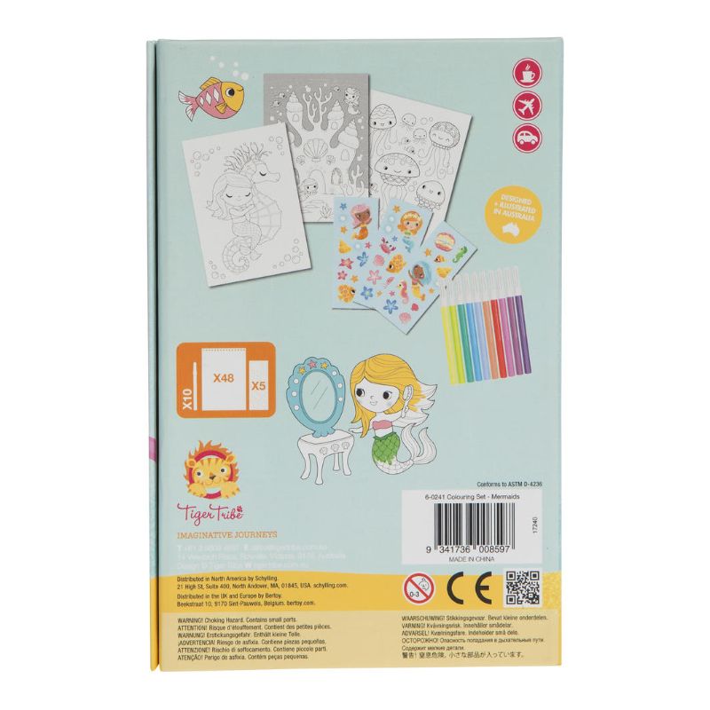 Colouring Set - Mermaids by Tiger Tribe, featuring 36 pages, 10 markers, and stickers for creative play and organization.