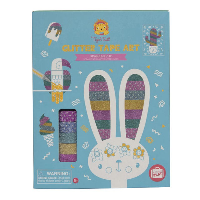 Colorful Glitter Tape Art Kit for kids featuring 5 rolls of tape, 6 cut-out cards, and a glitter gel pen for creative play.