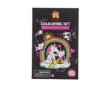 Vibrant Neon Colouring Kit featuring unicorns, pandas, and markers in a portable storage box for creative fun.