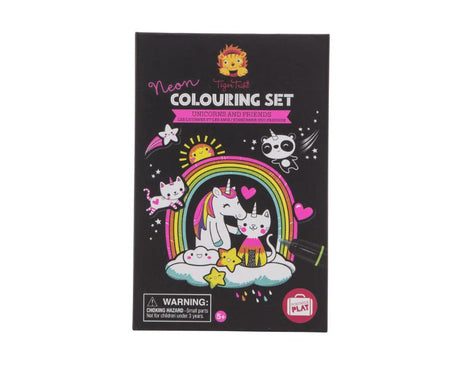 Vibrant Neon Colouring Kit featuring unicorns, pandas, and markers in a portable storage box for creative fun.