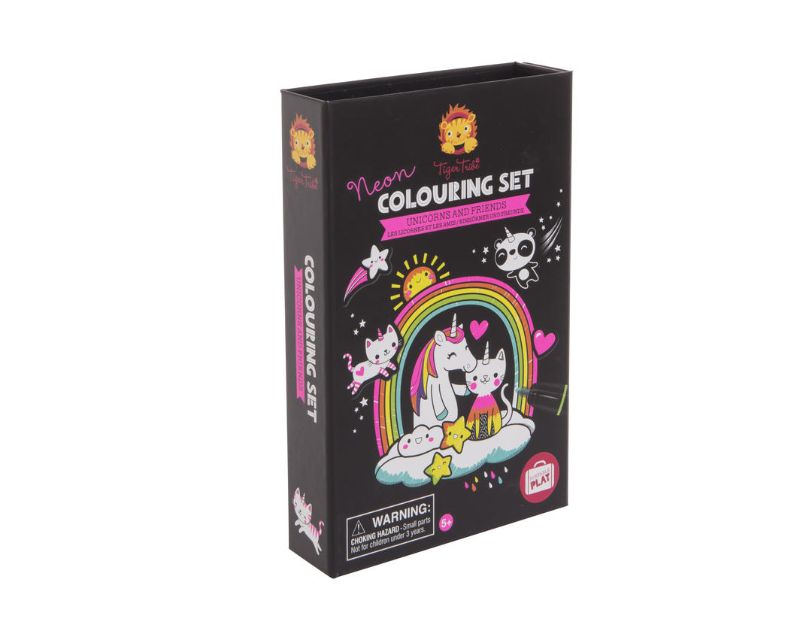 Vibrant Neon Colouring Kit featuring unicorns and friends, includes 36 pages, stickers, and markers in a portable storage box.