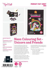 Vibrant Neon Colouring Kit featuring unicorns, pandas, and horses with 36 pages, 3 markers, and stickers in a magnetic box.