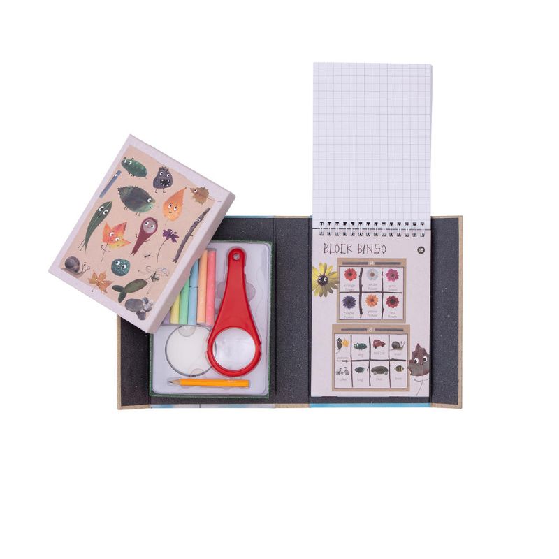 Outdoor Activity Set by Tiger Tribe: A magnifying glass, chalk, pencil, and activity book for kids to explore and learn outdoors.