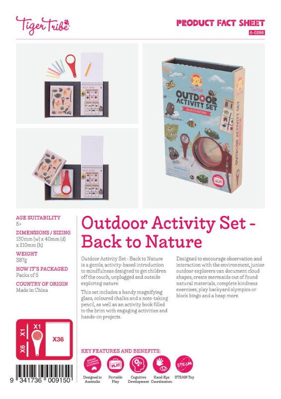 Outdoor Activity Set by Tiger Tribe featuring a magnifying glass, chalks, pencil, and activity book for creative outdoor exploration.