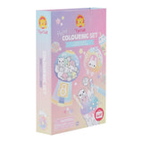 Pastel Colouring Set - Kawaii Cafe featuring 36 pages, 3 double-ended pastel markers, and adorable kawaii stickers for creative kids.