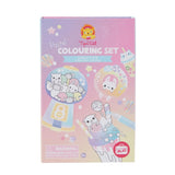 Pastel Kawaii colouring set with 36 pages, 3 double-ended markers, stickers, and a portable magnetic box for creative adventures.