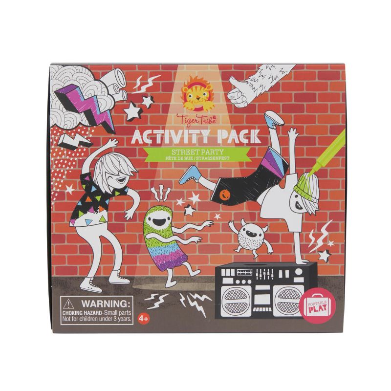 Colorful Street Party Activity Pack by Tiger Tribe with 24 illustrated pages for creative, screen-free play for ages 4+.