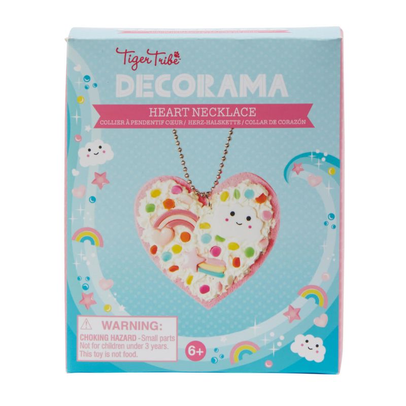 Colorful DIY heart necklace kit for kids, including felt hearts, Deco Cream, sprinkles, and charms for personalized jewelry.