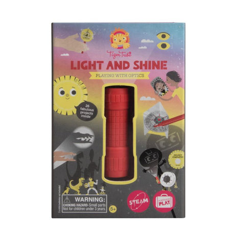 Engaging STEAM activity set with 26 experiments exploring light, optics, and creativity for kids aged 5 and up.