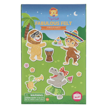 Colorful felt jungle activity set with 80 pieces, a fold-out board, and assorted jungle critters for imaginative play.