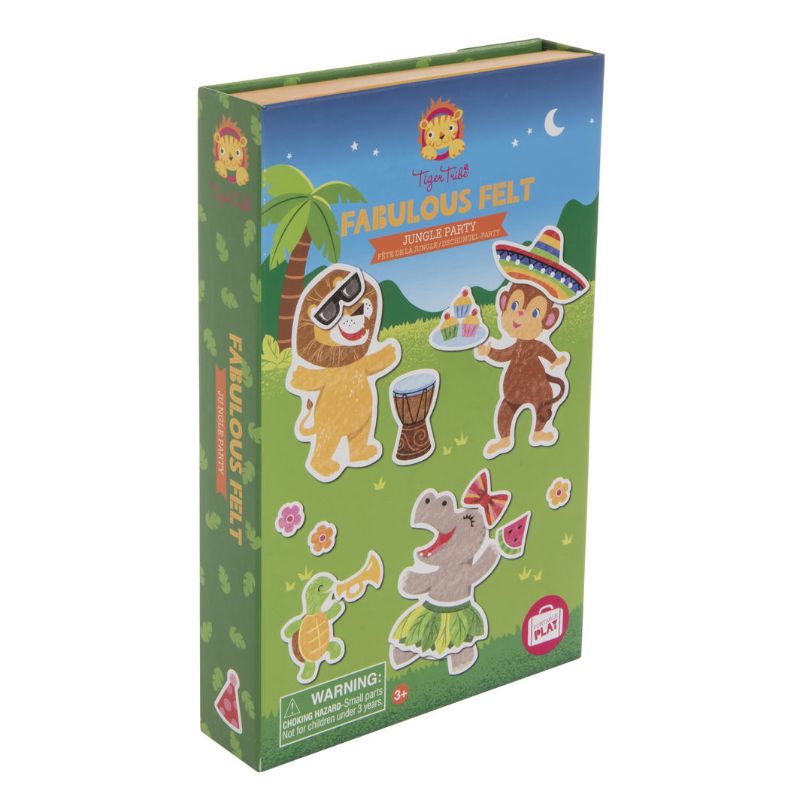 Colorful felt jungle activity set for kids, featuring 80 pieces and a fold-out board for imaginative play.