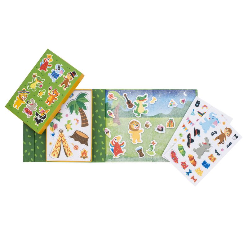 Vibrant activity set with 80 felt pieces for imaginative jungle play, featuring a fold-out board and handy storage box.