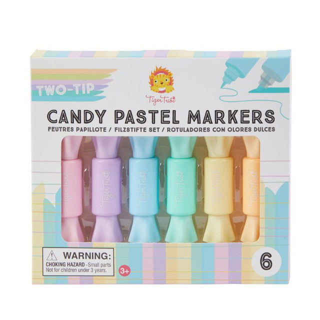 Pastel markers with dual tips in soft colors, perfect for kids' art projects, neatly packaged in candy-like wrappers.