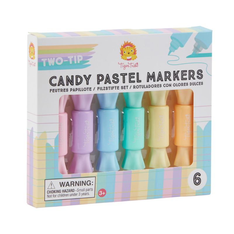 Pastel markers in candy wrappers, featuring dual tips for versatile coloring, perfect for young artists aged 3 and up.