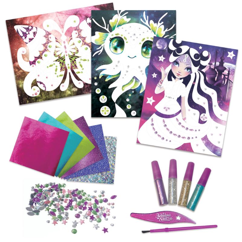 Set of 2 Glitter & Foil Art kits from Nebulous Stars, featuring vibrant colors, rhinestones, and easy peel-off canvas for creative masterpieces.