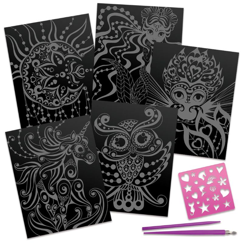 Scratch Art - Isadora set featuring 45 pages, 80+ stencils, vibrant pencils, and enriching artistic adventures for all ages.