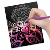 Scratch Art - Isadora set with 45 sketch pages, 80+ stencils, rub-on patterns, and coloring pencils for creative exploration.