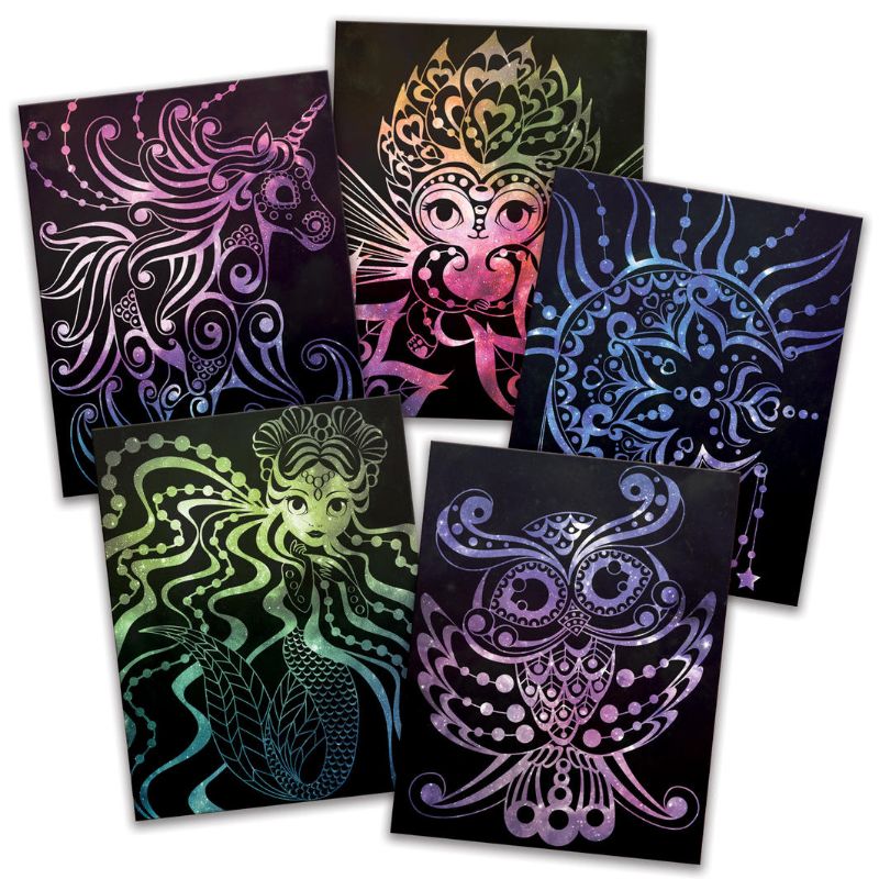 Scratch Art - Isadora set featuring 45 sketch pages, 80+ stencils, vibrant pencils, and enchanting rub-on patterns for creative fun.