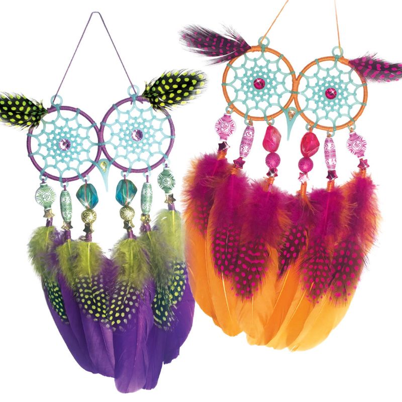 Owl-shaped dreamcatchers with glow-in-the-dark eyes, feathers, beads, and craft supplies for peaceful sleep decor.