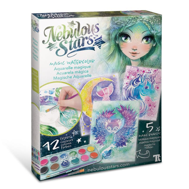 Marinia Watercolor Paint Set by Nebulous Stars with 5 illustrated boards, 12 colors, and 2 brushes for vibrant artistry.