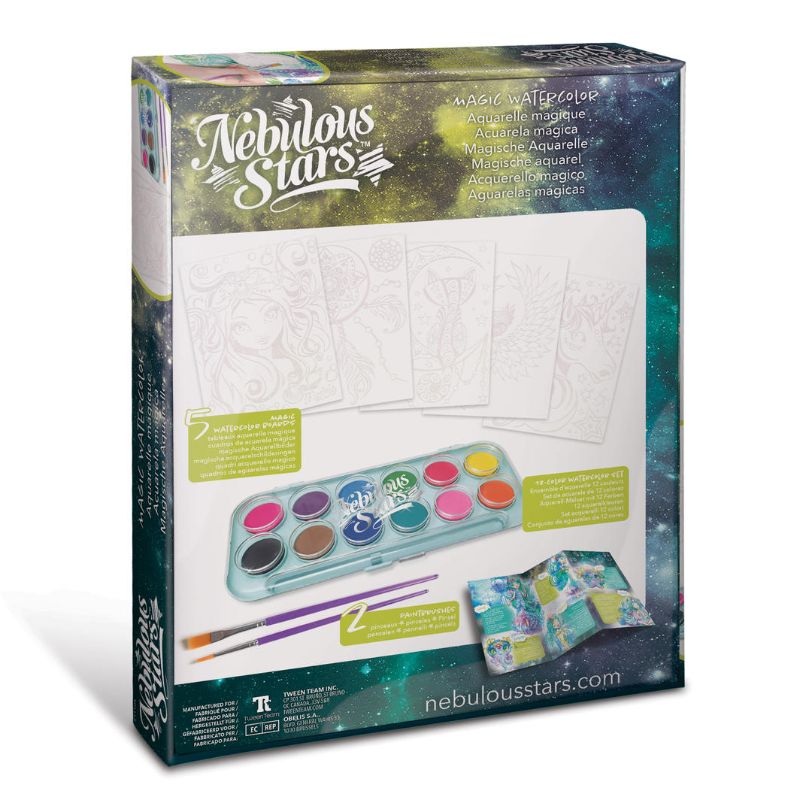 Marinia Watercolor Paint Set includes 5 illustrated boards, 12 vibrant colors, 2 brushes, and a story pamphlet for creative exploration.