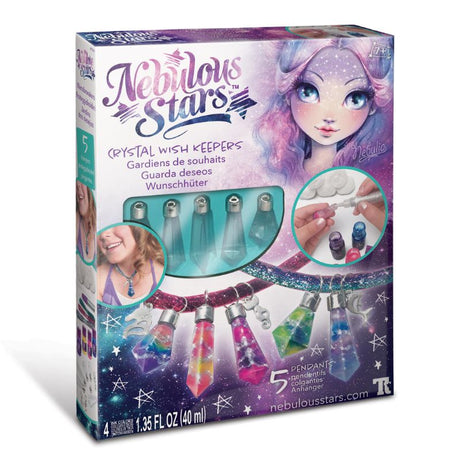 DIY Crystal Wish Keepers Kit featuring 5 crystal-shaped bottles, ink, glitter, charms, and a ribbon for crafting unique jewelry.