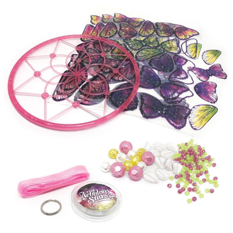 DIY mobile kit featuring 65+ glittery wings, colorful beads, and a glow-in-the-dark effect for creative child decor.