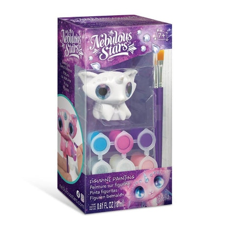 Figurine Painting Kit featuring two ready-to-paint fantasy creatures, acrylic paint shades, glitter varnish, and embellishments.