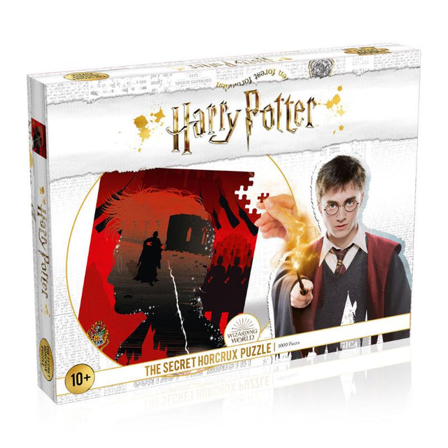 1000-piece Harry Potter jigsaw puzzle featuring Harry, Voldemort, and Hogwarts crest in vibrant Gryffindor colors.