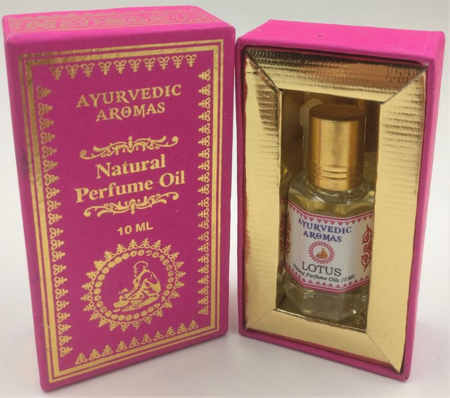 Ayurvedic Lotus perfume oil in a 10ml bottle, promoting tranquility and uplifting spirit with natural ingredients.