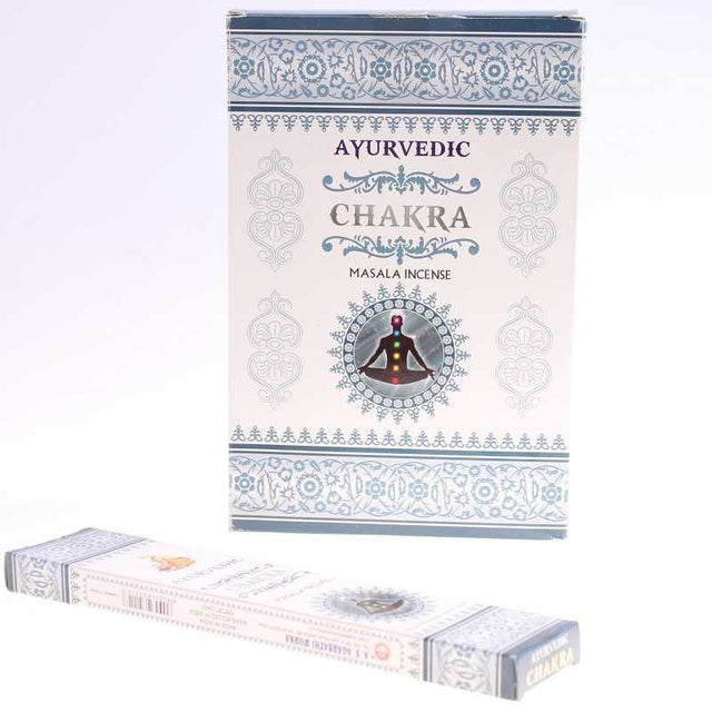 A 12-pack of AYURVEDIC CHAKRA incense sticks designed to promote balance and holistic well-being through therapeutic aromas.