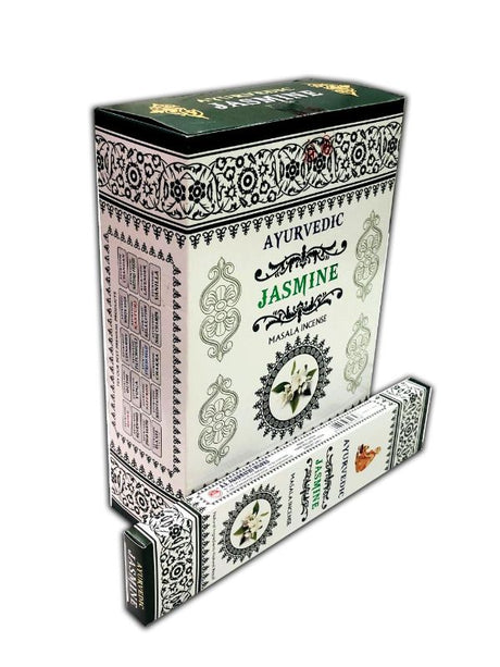 Ayurvedic Jasmine Incense sticks in a 12-pack, perfect for meditation, relaxation, and enhancing wellbeing.