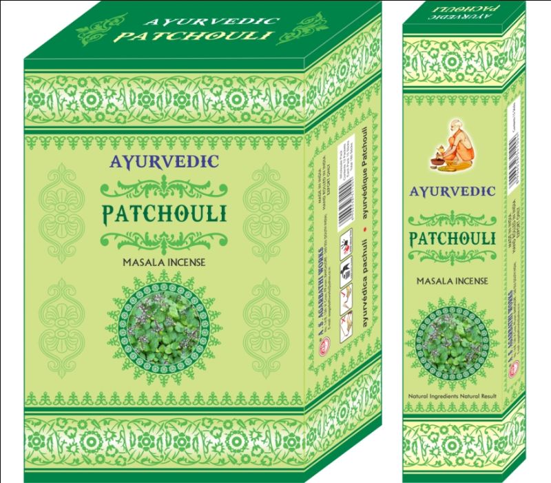 Ayurvedic Patchouli Incense sticks in a 12-pack, perfect for meditation and creating a relaxing atmosphere.