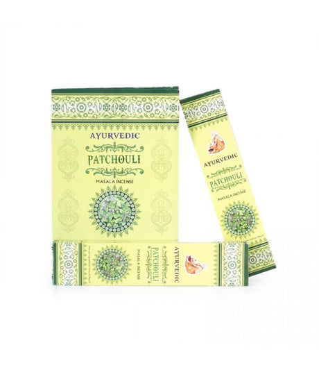 Aromatic Ayurvedic Patchouli incense sticks in a 12 pack, perfect for meditation and creating a tranquil environment.