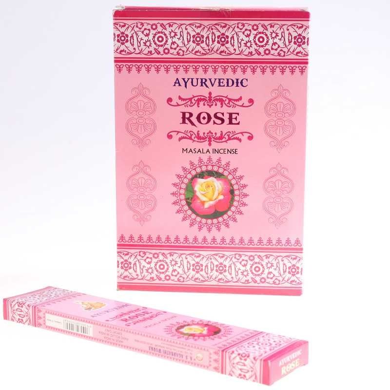 Aromatic Ayurvedic Rose Incense in a 12-pack, promoting relaxation and wellness with a delicate floral fragrance.