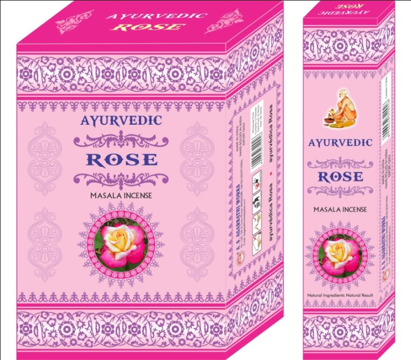 Ayurvedic Rose Incense set of 12 packets, offering floral fragrance for relaxation, meditation, and purification.