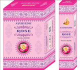 Ayurvedic Rose Incense set of 12 packets, offering floral fragrance for relaxation, meditation, and purification.