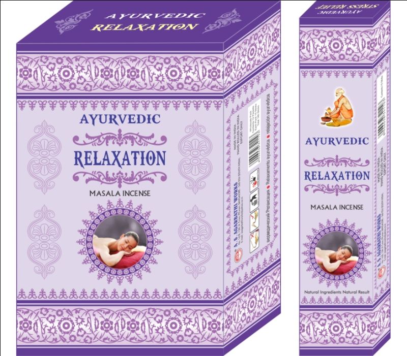 Twelve packets of Ayurvedic Relaxation incense, designed for meditation and reducing stress with calming natural aromas.