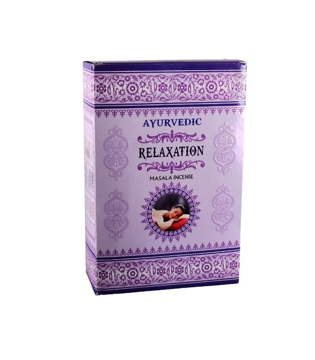 A set of 12 Ayurvedic Relaxation incense packets, designed for meditation and creating a calming atmosphere.