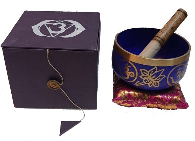 Blue Chakra Singing Bowl (14cm) in gift box, ideal for sound healing and meditation, promotes relaxation and chakra alignment.