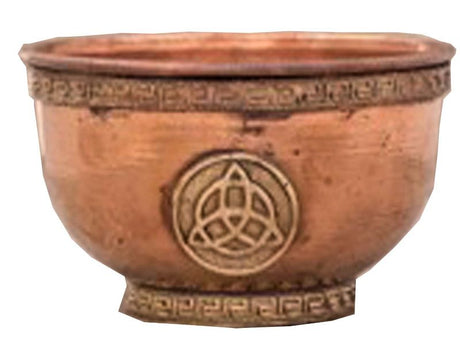 Handcrafted copper offering bowl (7.6cm) with intricate Triquetra carvings, perfect for incense and meditation.