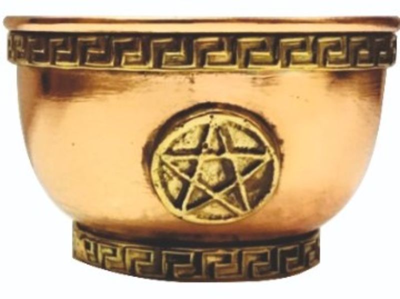 Intricately designed copper offering bowl with pentagram motif, perfect for incense, potpourri, or altar decoration.