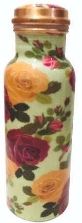Handcrafted 750ml copper bottle with floral design, promotes hydration and wellness through ancient Ayurvedic traditions.