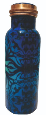 Handcrafted copper bottle with a blue pattern, 750ml, designed to purify water and enhance wellness.