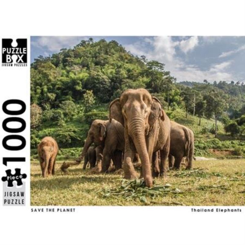 Vibrant 1000-piece jigsaw puzzle featuring majestic elephants in Thailand, promoting wildlife conservation and puzzle fun.