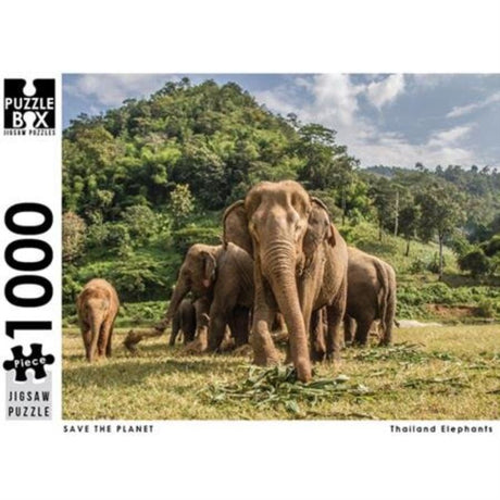 Vibrant 1000-piece jigsaw puzzle featuring majestic elephants in Thailand, promoting wildlife conservation and puzzle fun.