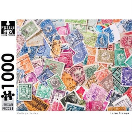 Colorful Lotsa Stamps 1000-piece jigsaw puzzle showcasing historic postage stamps, perfect for family fun and cognitive skills enhancement.