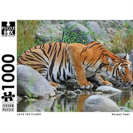 Jigsaw puzzle featuring a stunning Bengal Tiger, promoting wildlife conservation with 1000 premium cut pieces.