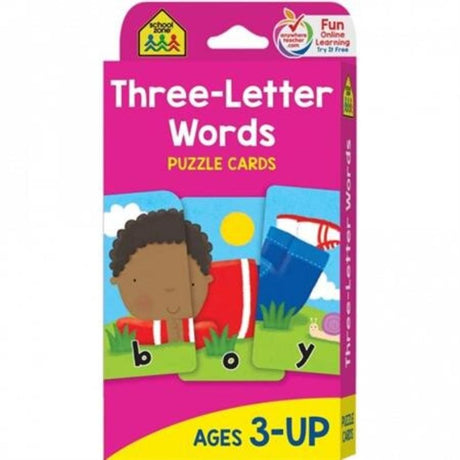 Colorful flash cards featuring three-letter words for kids, enhancing vocabulary and spelling through engaging picture associations.